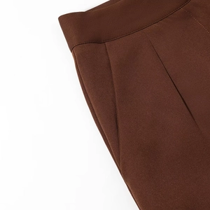 Detailed macro view of dark brown high-waisted dress pants showing pleats and side pockets