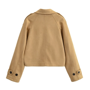 Rear view of khaki short jacket showing lapel collar and sleeve button details