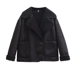 Women's black faux leather shearling jacket with warm sheepskin lining and large pockets