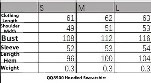 Tableau des tailles détaillé pour ensemble sweat à capuche et pantalon velours