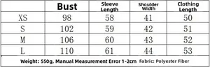 Size chart table for PU jacket with bust and length measurements in XS, S, M, L