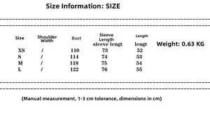 Detailed size chart for women's slim fit bomber jacket with chest and length measurements