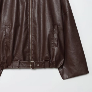 Veste en cuir PU marron foncé pour femme avec zip frontal et ceinture ajustable à l'ourlet