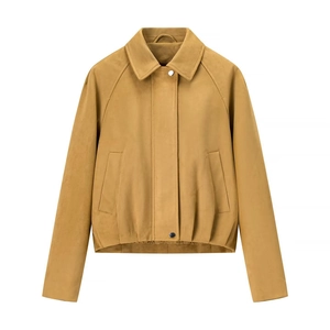 Women Casual Faux Suede Bomber Jacket Lapel Long Sleeve Zip Up Slim Fit Short Coat Outwear With Satin Lining Solid Color