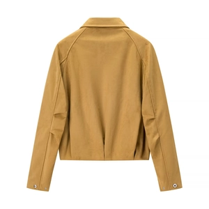 Back view of slim fit faux suede bomber jacket in ginger yellow with collar and metal buttons
