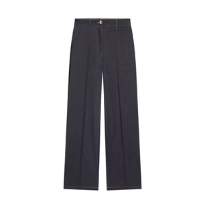 Flat lay of dark blue high-waist straight-leg denim jeans with center seam stitching