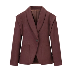 Women's vintage brown faux suede jacket with tiered shoulder detail and lapel collar