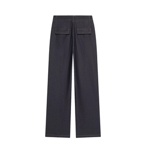 Detail of dark denim wide-leg pants featuring contrast stitching and button-flap back pockets
