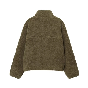 Olive green teddy fleece zip-up jacket for women with stand collar and back seam detail
