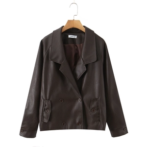 Women PU Leather Jacket Double Breasted Loose Fit Lapel Collar Long Sleeve Vintage Casual Streetwear Polyester Blend