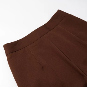 Macro shot of high-waisted dark brown dress pants showing fabric texture and dart details