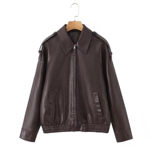 Detailed view of the dark brown PU leather jacket with lapel collar and shoulder straps