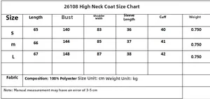 Size chart for women's high neck faux wool jacket with S, M, L measurements and fabric info