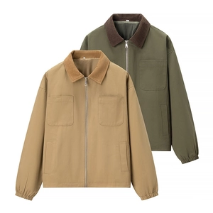 Women Casual Workwear Jacket With Corduroy Contrast Collar Metal Zipper Pocket Long Sleeve Loose Outerwear For Autumn Daily