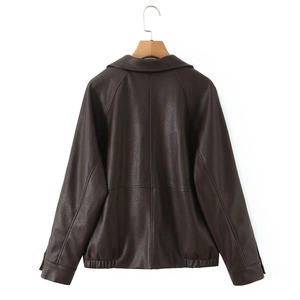 Detailed back view of a dark brown PU leather jacket with premium litchi texture and elastic hem