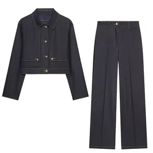 Women Fashion Dark Blue Contrast Stitching Cropped Jacket And High Waisted Wide Leg Pants Outfit Casual Chic Commute Outfit