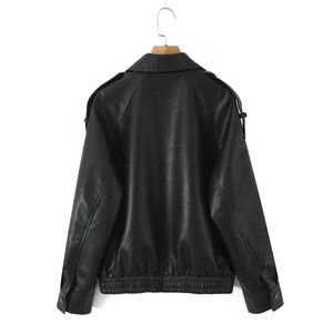 Rear view of black PU leather biker jacket featuring elastic hem and shoulder epaulettes