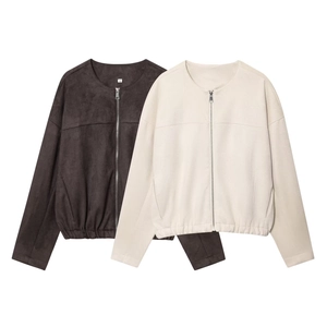Veste en Daim Synthétique pour Femme Col Rond Fermeture Éclair Coupe Ample Manches Longues Manteau de Baseball Couleur Unie
