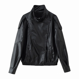 Veste chic en similicuir noir pour femme avec col montant et pattes d'épaule