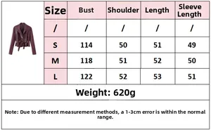 Tableau des tailles détaillé pour veste courte en cuir PU avec ceinture bordeaux femme