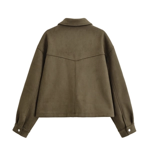 Short faux suede worker jacket in dark olive featuring back seam details and buttoned cuffs
