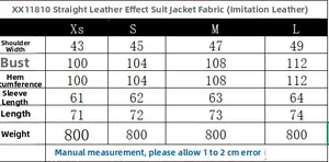Size chart detail for women's straight fit PU leather blazer showing measurements and weight