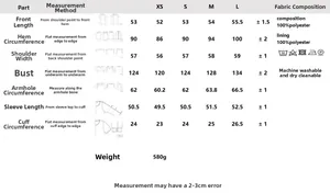 Size chart for black stand-collar jacket with measurements for XS to L and 100% polyester info