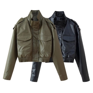 Veste Courte en Simili Cuir Mode pour Femmes Col Montant Fermeture Éclair Poches Cargo Blouson Biker Moto Streetwear