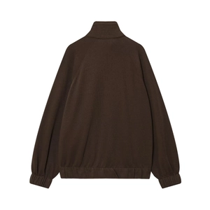 Detail view of the back of a dark brown zip-up jacket with ribbed hem and cuffs