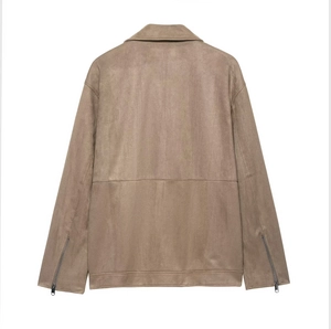 Detail view of khaki faux suede biker jacket featuring horizontal back stitching and zippers