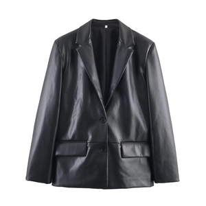 Close-up of a black PU leather blazer featuring a notched lapel and two-button closure