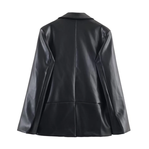 Back view of a black faux leather blazer featuring a structured seam and oversized silhouette