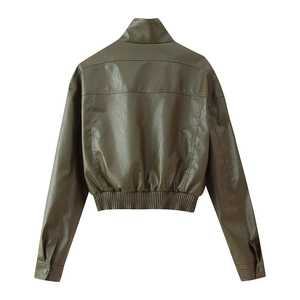 Vue arrière du blouson en similicuir vert olive foncé avec ourlet élastique et col
