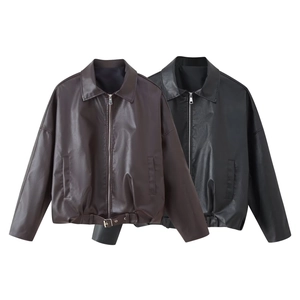 Damen Retro Kunstlederjacke Mit Gürtel Revers Reißverschluss Langarm Streetwear Biker Mantel Für Herbst Winter Mode Oberbekleidung