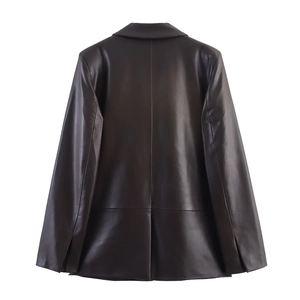 Back view of classic dark brown PU leather blazer with central seam and tailored fit