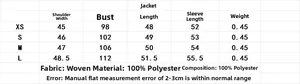 Detailed size guide for women's bomber jacket showing measurements in centimeters