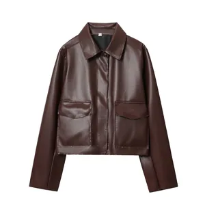 Veste Courte En Simili Cuir Pour Femmes Marron Foncé Col Rabattu Fermeture Éclair Poches Casual Streetwear Mode PU
