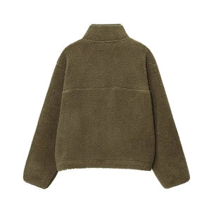 Olive green fleece jacket with high collar and ribbed cuffs, comfortable back view
