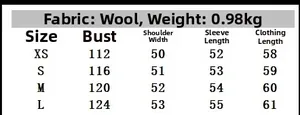 Detailed size chart for women's wool blend short jacket showing XS-L measurements