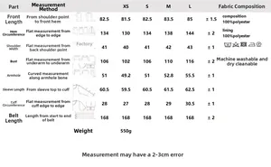 Detailed size chart for women double-breasted trench coat with 100% polyester fabric