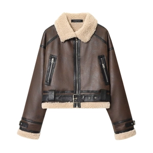 Women Vintage Faux Leather Moto Jacket With Lamb Wool Fleece Lining Lapel Zipper Short Loose Outerwear Street Coat
