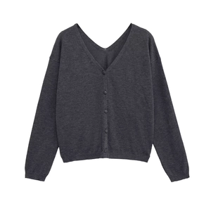 Women Casual Knit Cardigan V Neck Long Sleeve Solid Color Button Up Sweater Top Dark Grey Streetwear Style Polyester