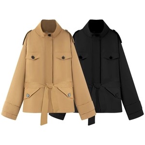 Trench-coat Ceinturé à Col Montant pour Femmes Veste Militaire Utilitaire Décontractée Streetwear Multi Poches Automne