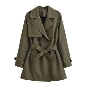 Women Street Fashion Double Breasted Belted Trench Coat Lapel Mid Length Army Green Shoulder Straps Jacket Outerwear