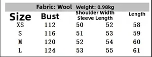 Size guide for wool blend short coat with bust, shoulder, and length specs from XS to L