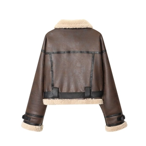 Back view of a vintage brown aviator jacket with white faux shearling trim details