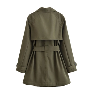 Back view of army green trench coat featuring storm flap and belted waist detail