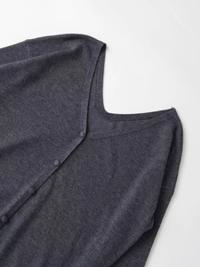 Detailed view of the dark grey knit cardigan's V-neckline and fabric-covered buttons