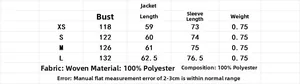 Detailed size chart for women street style short trench coat in sizes XS to L