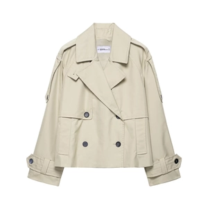 Detailed flat lay of a light khaki short trench coat featuring classic lapels and buttons